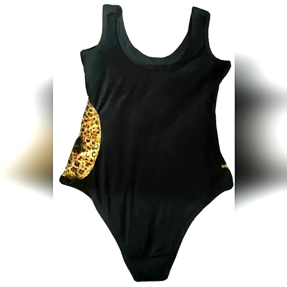 NEW One Piece Women's Swimsuit w/Cheetah Biting Lips in Sequins/Bling! Black (M) - Picture 5 of 5